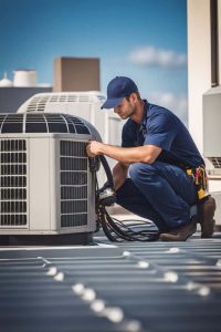 Green Home Solution technician is installing a new ac unit at roof